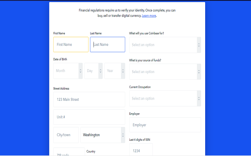ثبت اطلاعات در coinbase