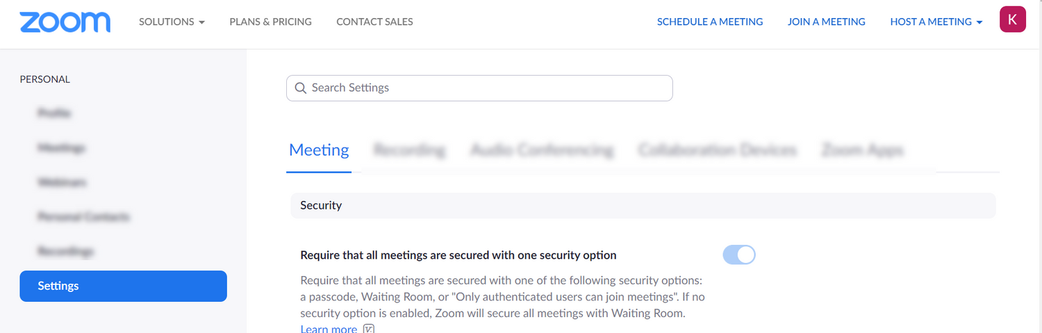 در مرحله بعد، Settings را از سمت چپ فشار دهید و روی تب Meeting کلیک کنید.