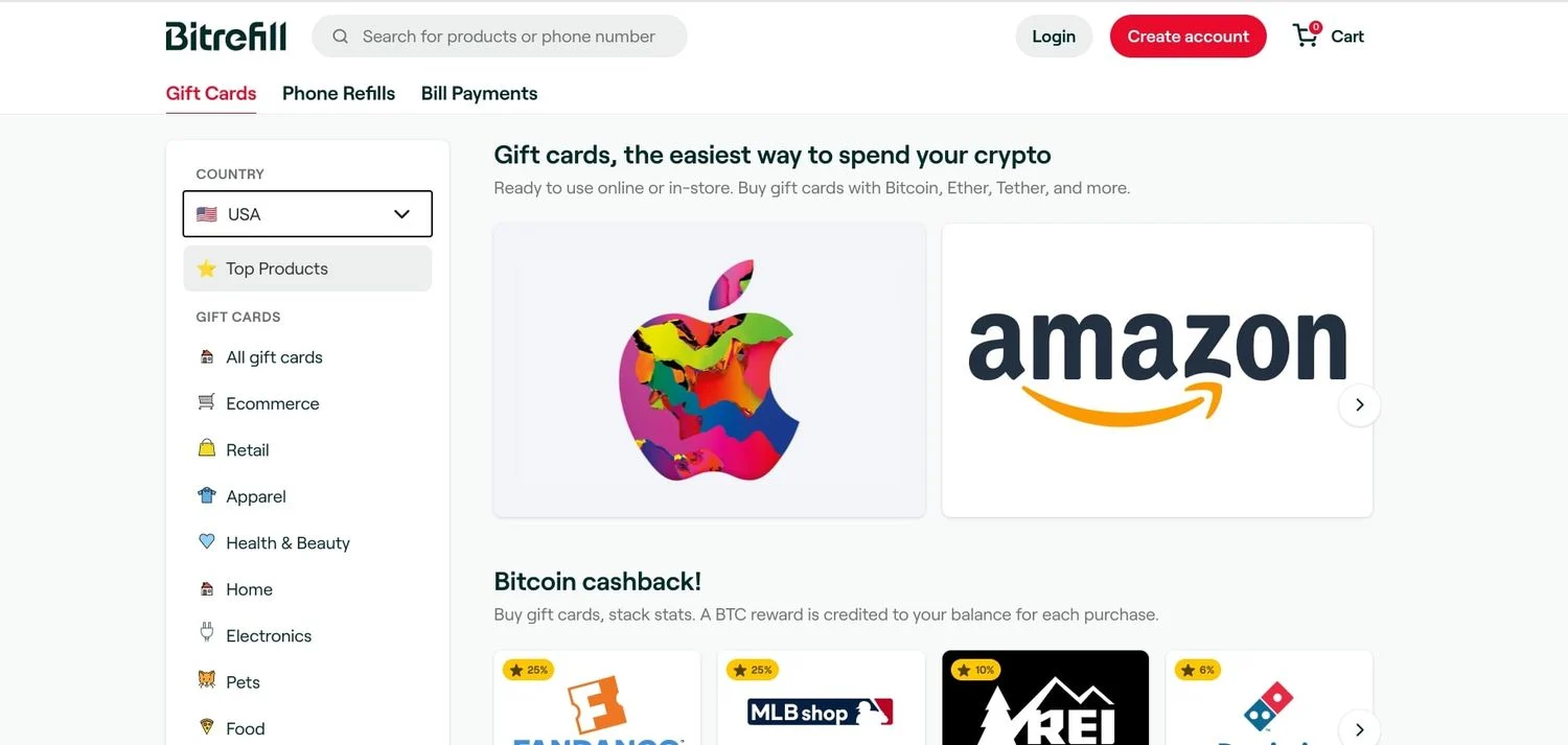 خرید کارت هدیه با ارز دیجیتال در Bitrefill