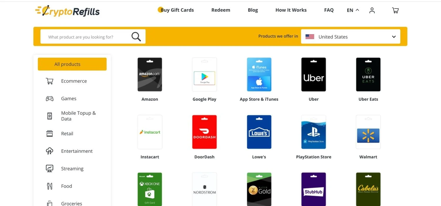 خرید کارت هدیه با ارز دیجیتال در CryptoRefills
